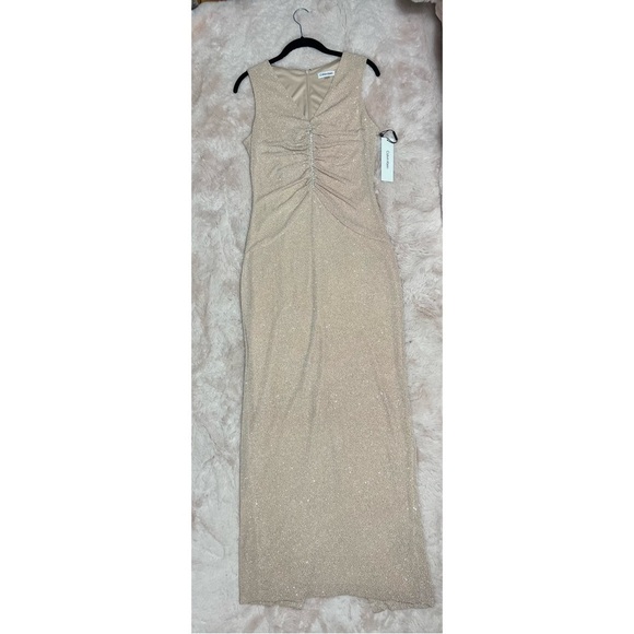 Calvin Klein Blossom Beige Nude Glitter Knit Gem Rhinestone Maxi Dress Size 8 - Picture 8 of 8